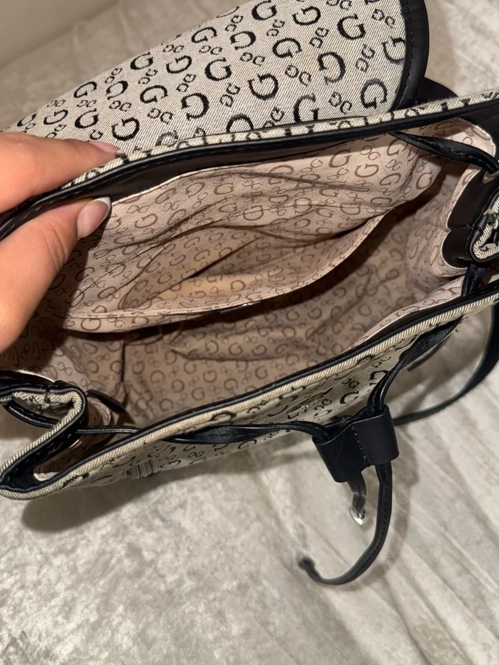 G by Guess Beige Monogram Convertible Backpack with Black Trim